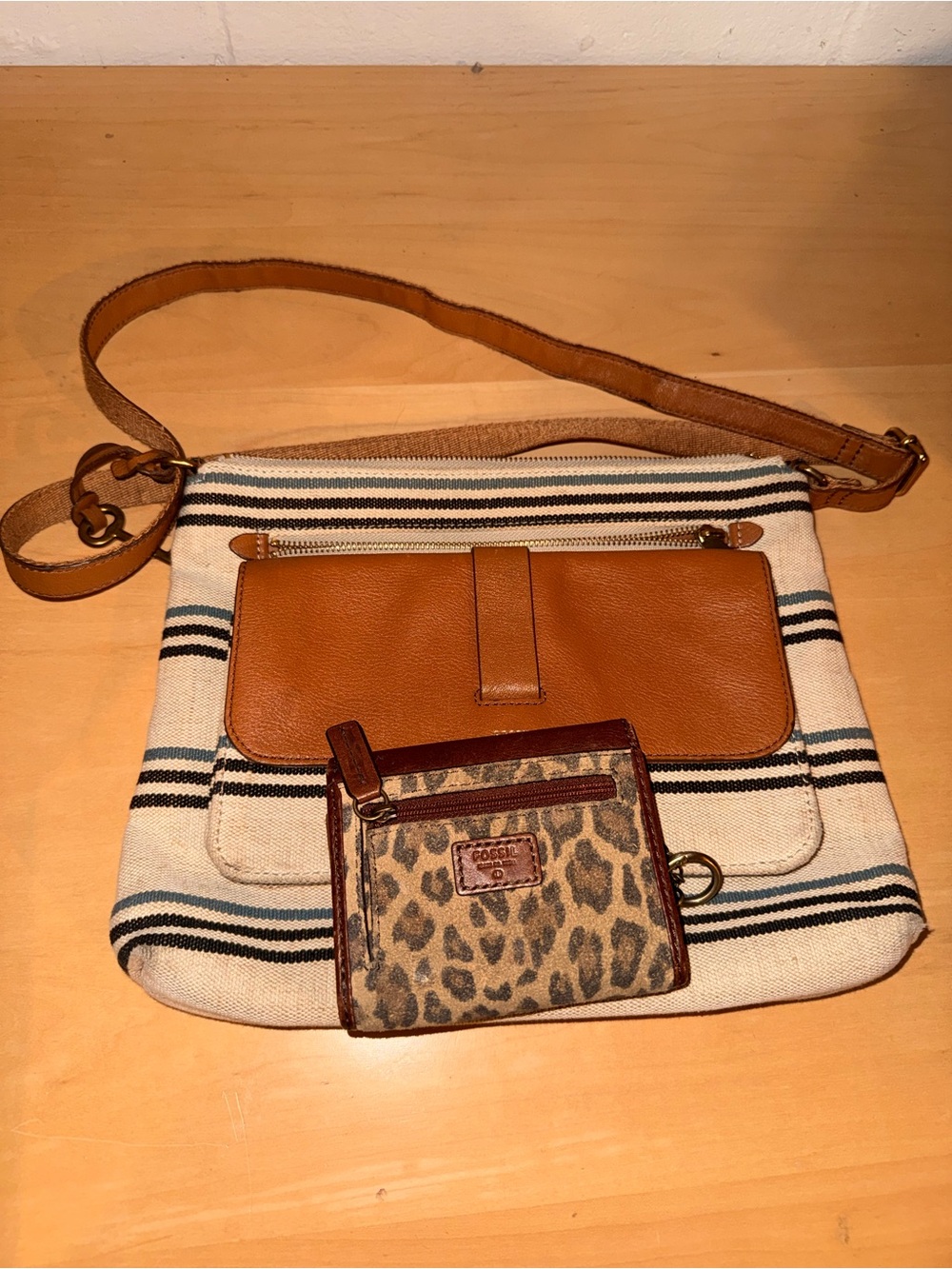 Fossil Cream Stripe Canvas Crossbody with Brown Leather Flap